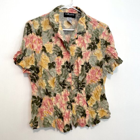 VINTAGE VTG SAG HARBOR Beige Green Floral Short Sleeve Button Down Shirt PETITE - Picture 1 of 15